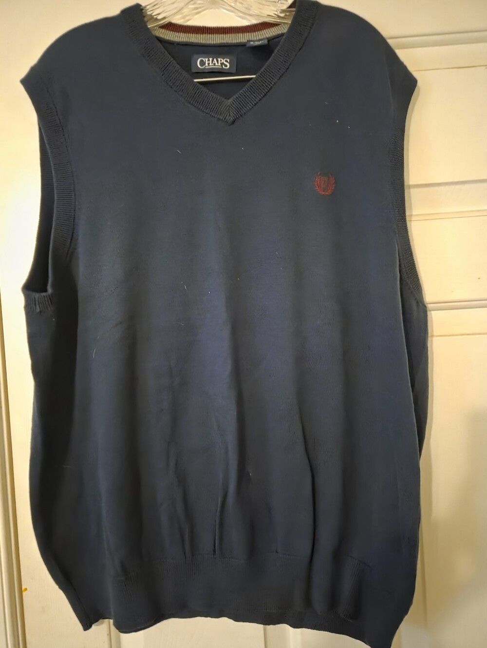 Chaps Men's Navy V-Neck Sweater Vest with Red Crest